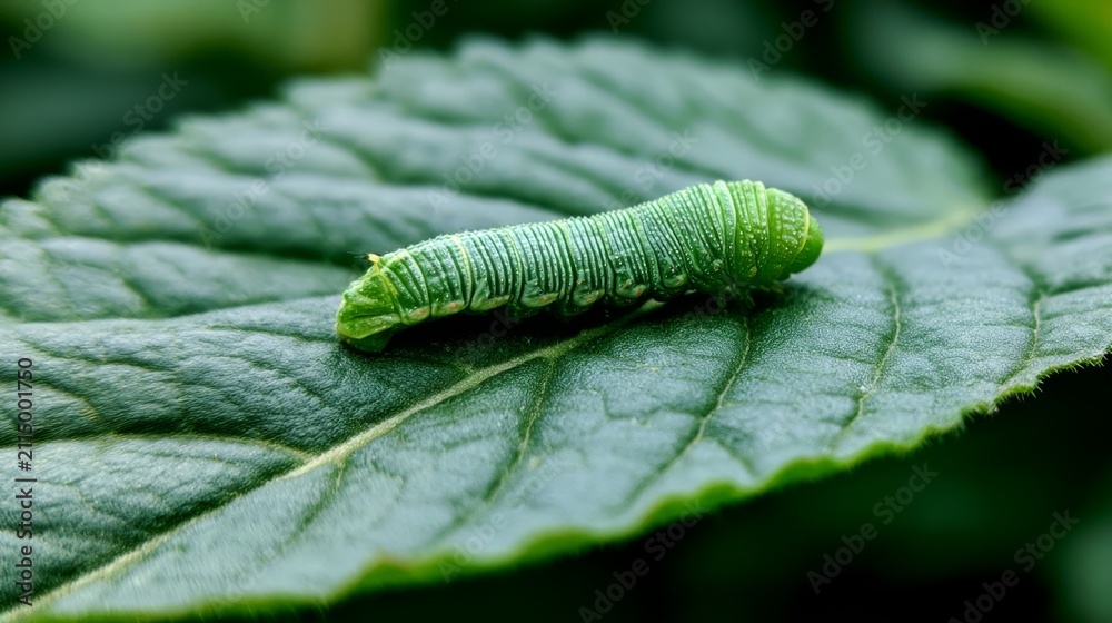 Fototapeta premium Close-up of a vibrant green caterpillar resting on a lush green leaf, showcasing intricate details and textures of both the insect and the foliage surrounding it