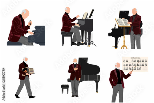 Senior music professor and pianist character set playing grand piano, teaching music history and holding vinyl records, flat vector illustration.