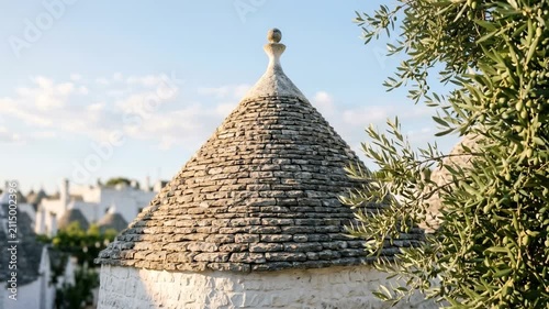 alberobello trulli houses close up at morning light with clouds and olive leaves apulia italy video