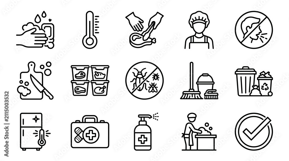 Obraz premium Corporate Food Safety and Hygiene Icons Set Black and White Line Art Illustrations for Guidelines and Protocols
