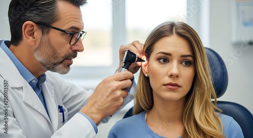 Doctor performs an ear examination on a female patient using an otoscope in a clinical office setting.