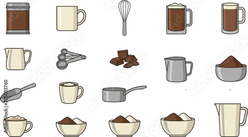 Fotografie Collection of kitchen tools and ingredients for making hot chocolate including w