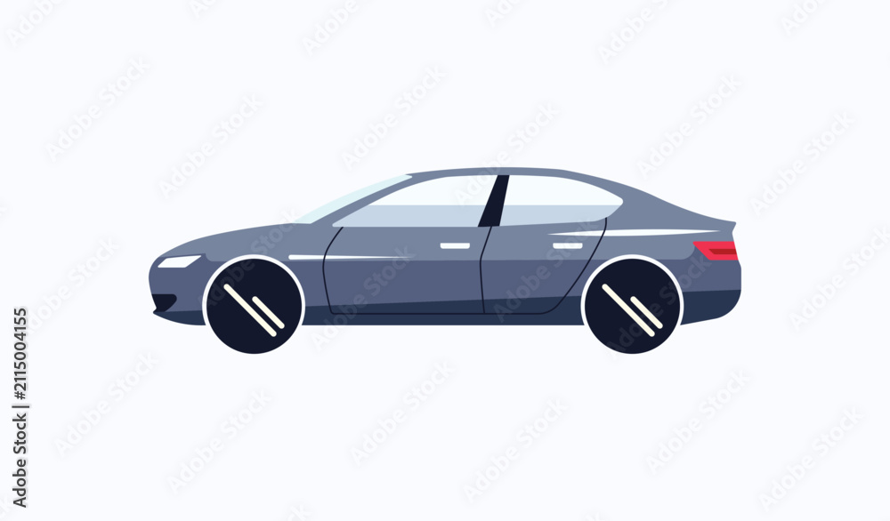Fototapeta premium Minimalist flat illustration of a modern gray sedan car in profile view