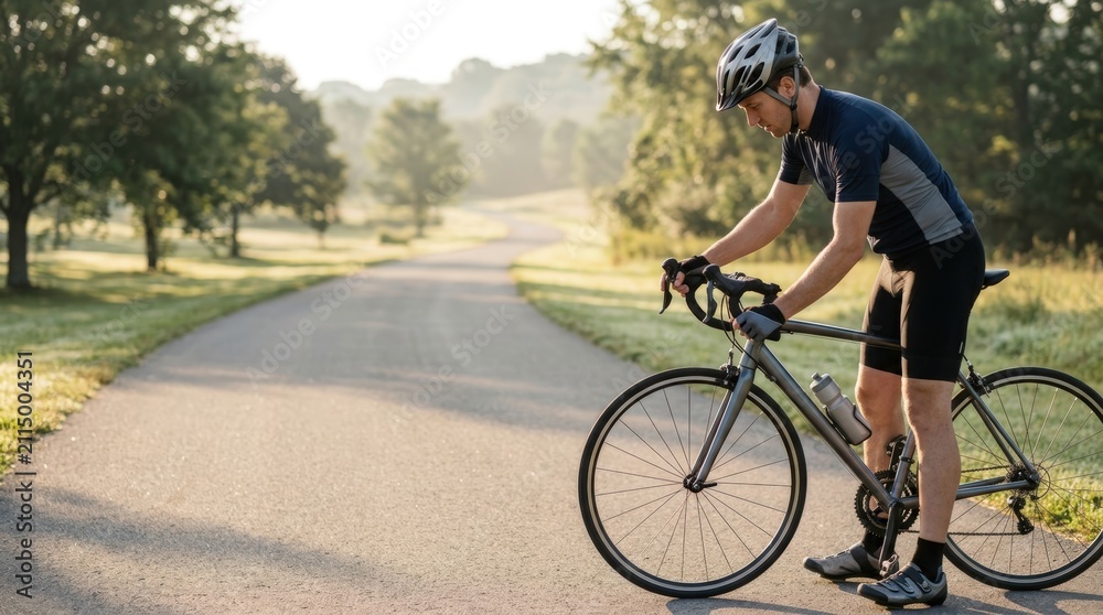 Fototapeta premium Cyclist adjusting road bike on scenic outdoor path