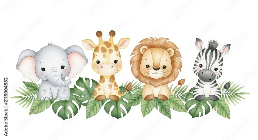 Obraz premium Cute Watercolor Safari Baby Animals Collection with Elephant Giraffe Lion and Zebra for Nursery Decor and Kids Design