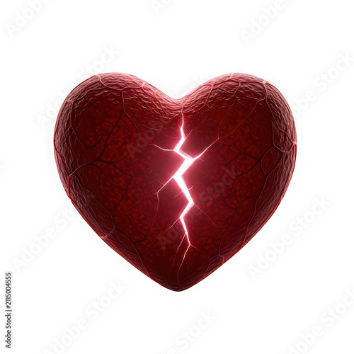 Glowing cracked red heart with intricate texture isolated on transparent background