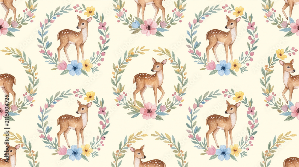 Obraz premium Watercolor pattern of cute deer and floral wreaths on cream background, woodland botanical illustration