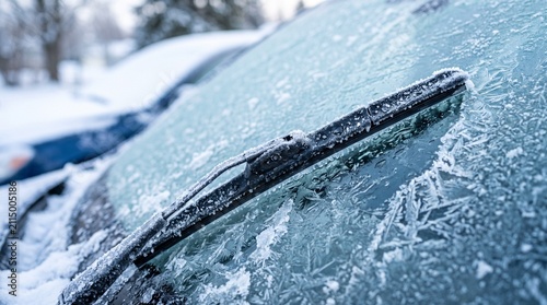 A close-up view of a car windshield covered in thick ice and frost during a cold winter morning, with the wiper blade visible.