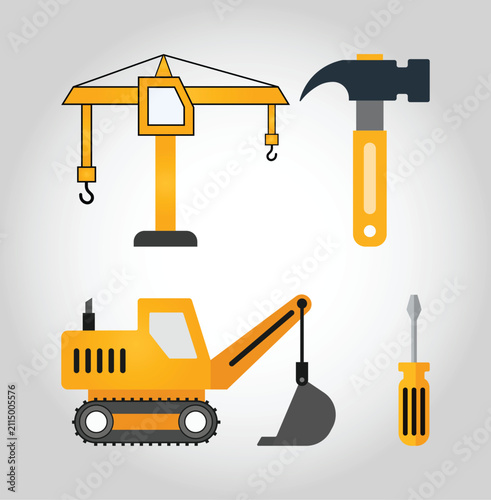 Set of construction equipment icons featuring crane excavator hammer