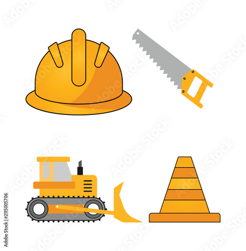 Construction site safety icons including hard hat saw bulldozer and traffic cone