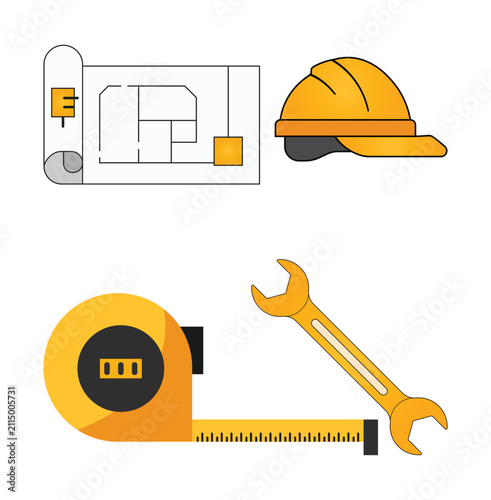 Architectural and maintenance tools including blueprint helmet wrench and tape