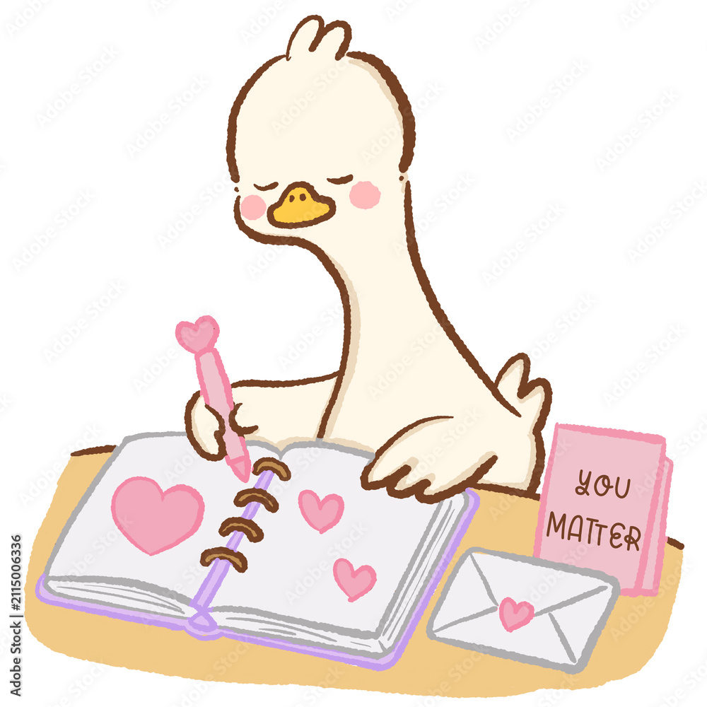 Fototapeta premium Cute Kawaii Long Neck Goose Journaling with You Matter Letter Self Love Mental Wellness Pastel Clipart Illustration
