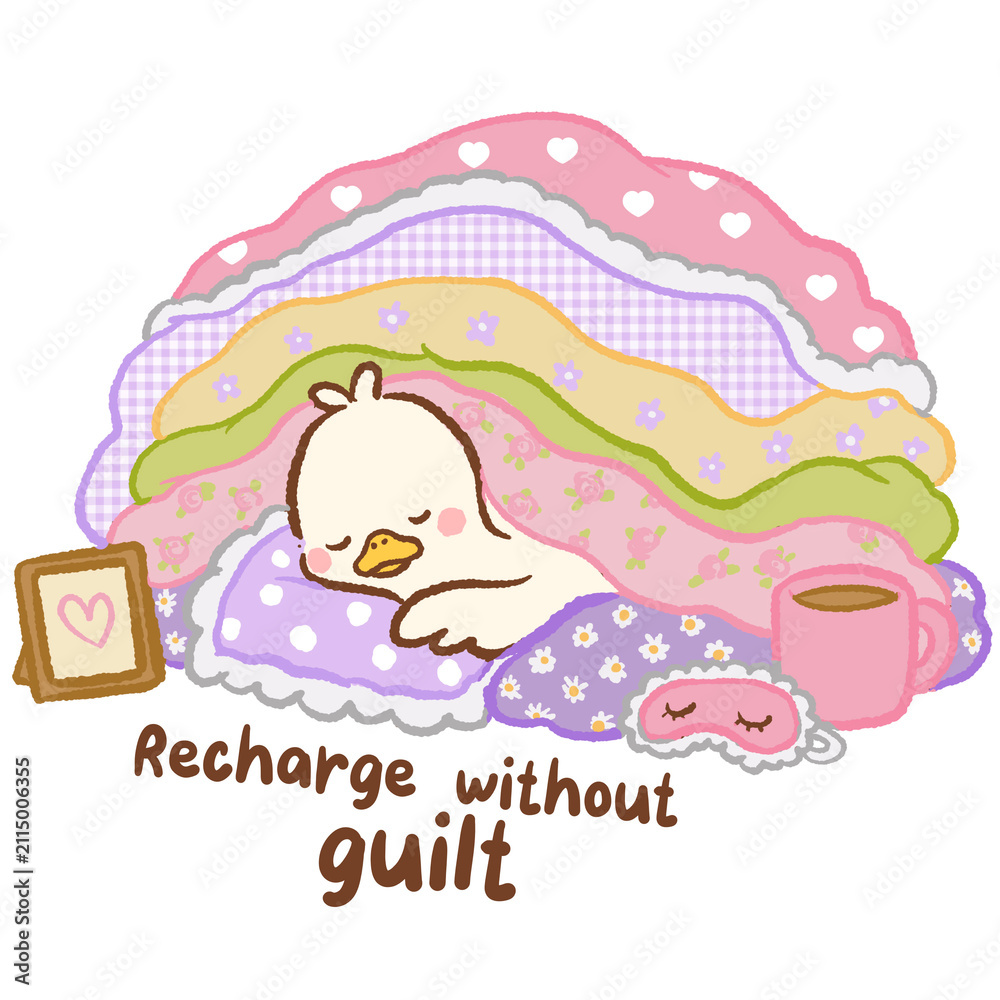 Fototapeta premium Cute Kawaii Long Neck Goose Sleeping Under Cozy Patchwork Blankets with Recharge Without Guilt Self Care Quote Relaxing Bedtime Pastel Illustration