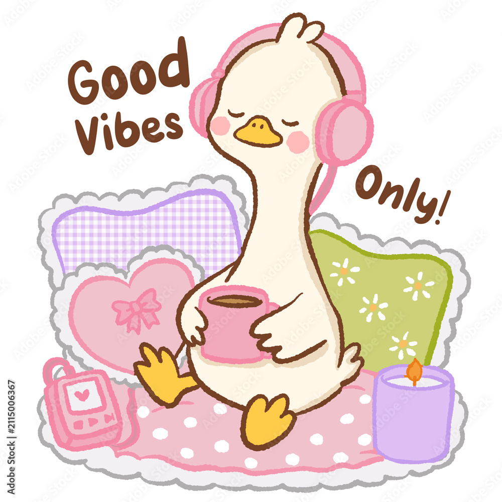Fototapeta premium Cute Kawaii Long Neck Goose Wearing Cozy Earmuffs Drinking Coffee with Good Vibes Only Relaxing Self Care Pastel Clipart Illustration