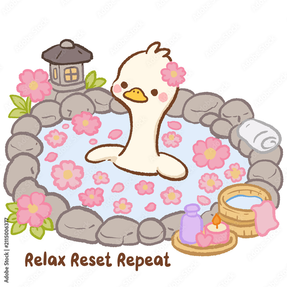 Fototapeta premium Cute Kawaii Long Neck Goose Relaxing in a Flower-Filled Hot Spring with Relax Reset Repeat Self Care Spa Pastel Illustration