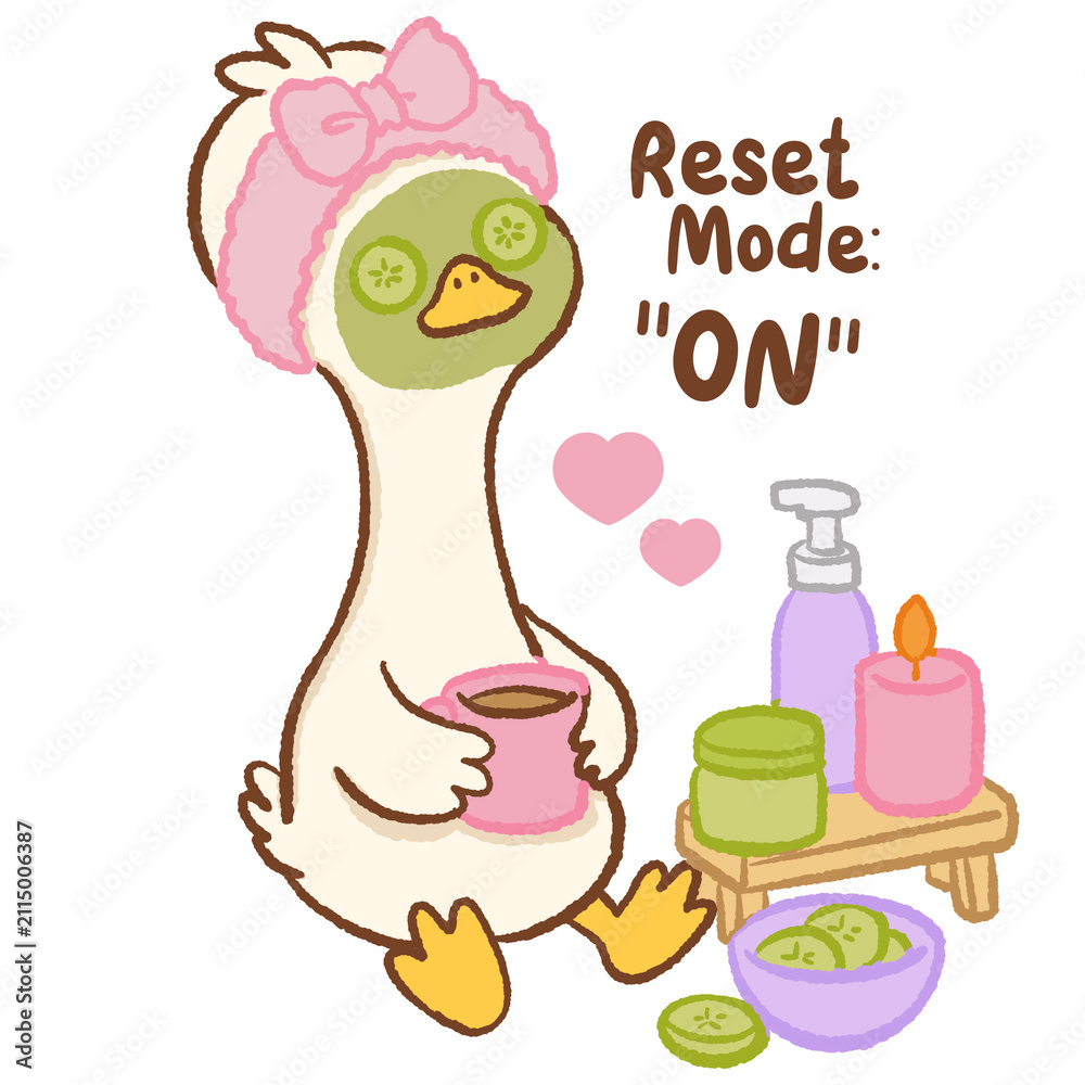 Fototapeta premium Cute Kawaii Long Neck Goose Wearing Cucumber Face Mask with Reset Mode ON Self Care Spa Day Relaxation Pastel Clipart Illustration