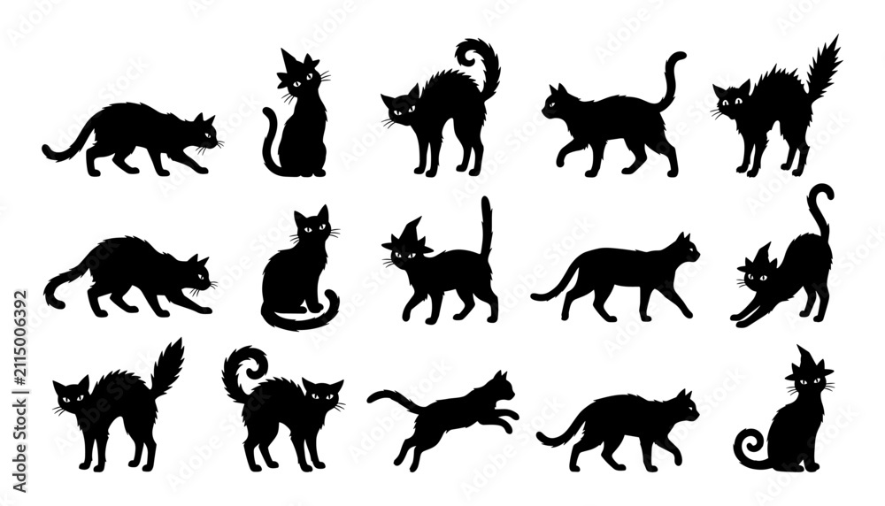 Obraz premium A collection of black cat silhouettes in various poses including sitting walking jumping and arching backs isolated on white background design