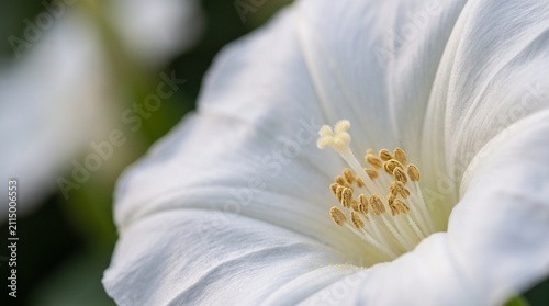 Close-up macro shot of a delicate white morning glory flower with a visible yellow stamen and pistil.