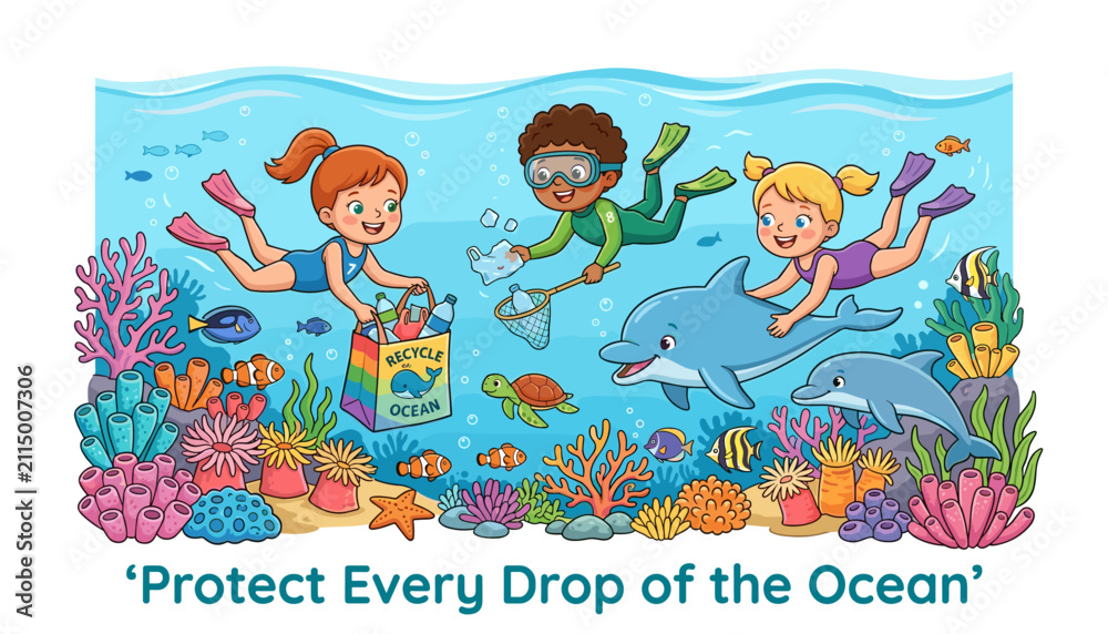 Naklejka premium Cartoon illustration of children cleaning the ocean, collecting plastic waste in a recycle bag while swimming with dolphins and sea creatures, underwater scene