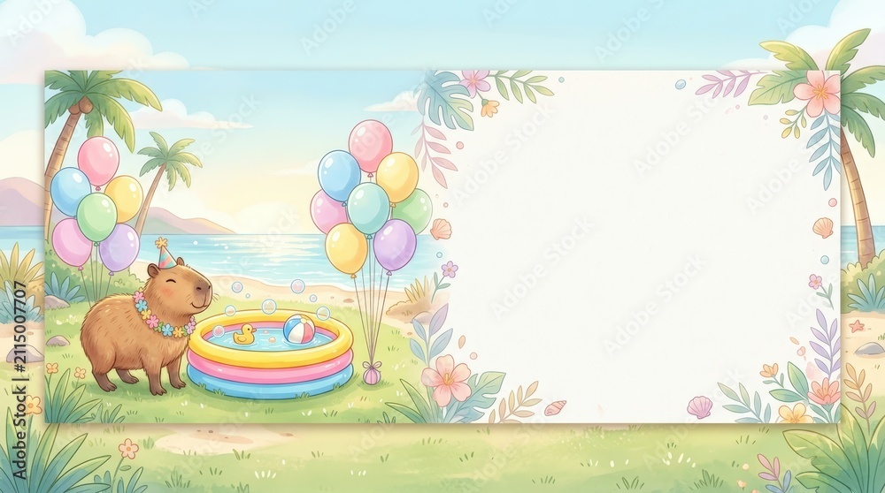 Fototapeta premium Capybara at Beach Party with Balloons and Inflatable Pool