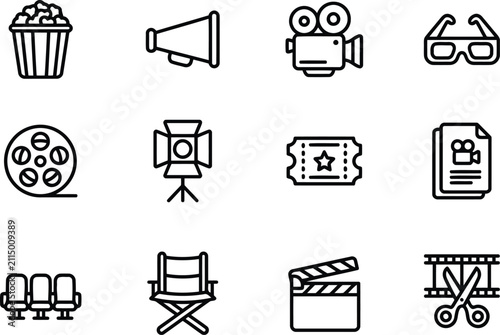 Cinema and movie production line icons