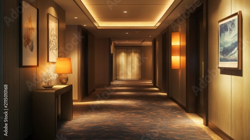 Luxury hotel corridor, warm lighting, elegant decor