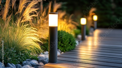 Evening garden path lit by modern outdoor lamps