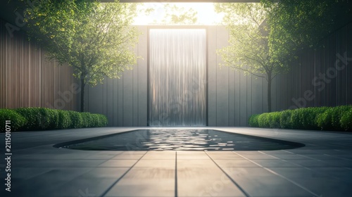 Tranquil courtyard with waterfall. Lush greenery surrounds a paved courtyard featuring a tranquil waterfall