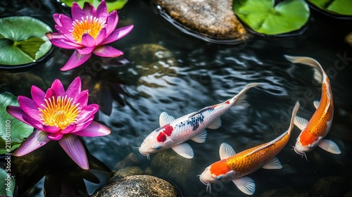 Koi fish swim amidst vibrant pink lotus flowers in a tranquil pond
