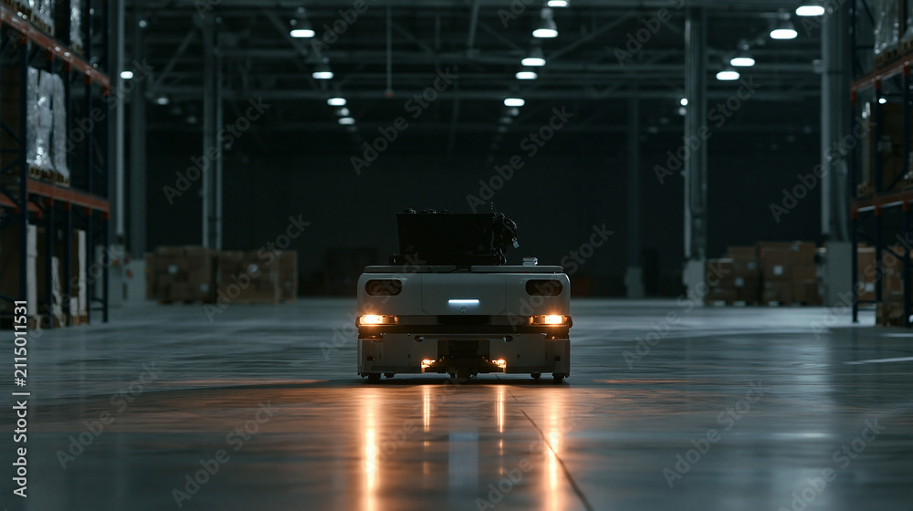 Fototapeta premium Empty warehouse interior at night with concrete floor, shelving and backlit car rear view, motion blur and reflections