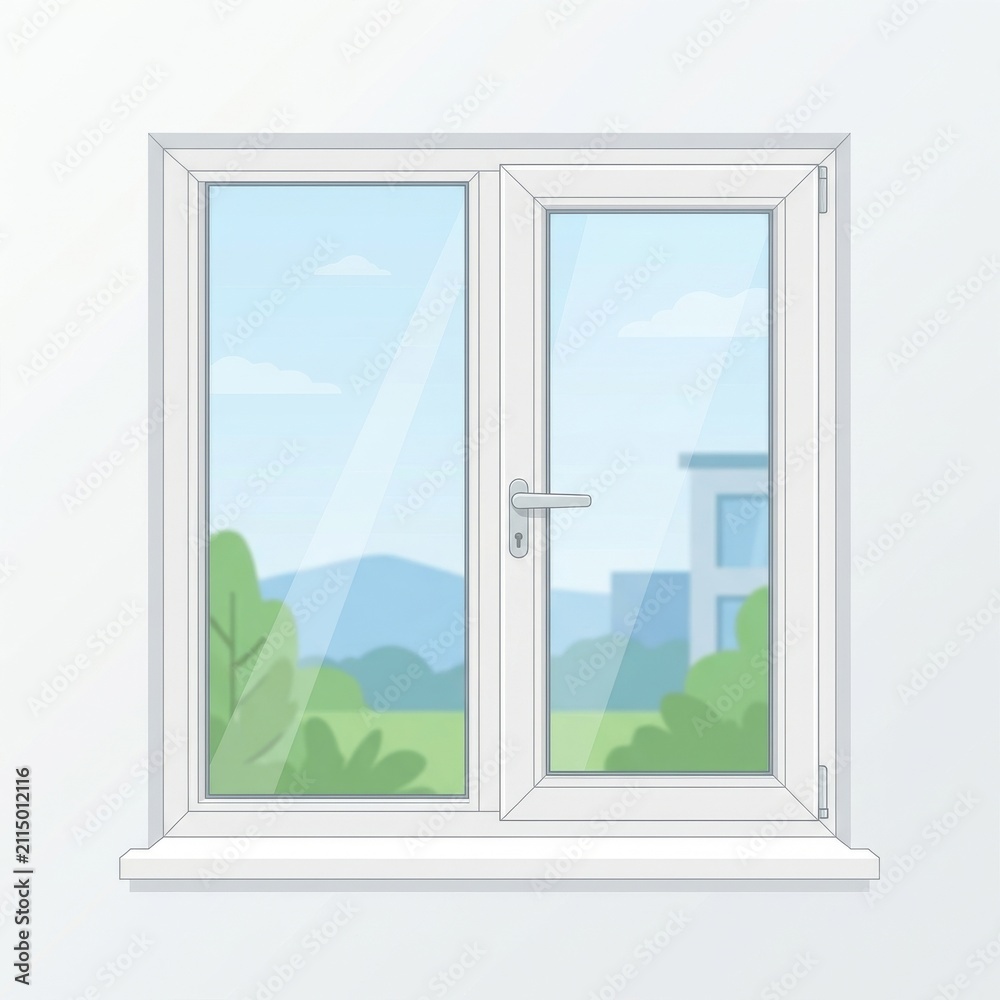 Fototapeta premium Bright open white double casement window with scenic mountain view. Modern home interior daylight natural landscape background for real estate design.