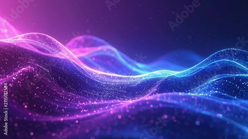 ネオンカラーの光の粒子がゆらめく抽象ウェーブ背景ループアニメーション
