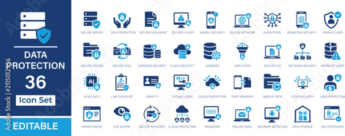 Data Protection 36 editable solid icon set. Data security, cloud protection, encryption, firewall, SSL and privacy vector icons for UI, UX, web and app design.