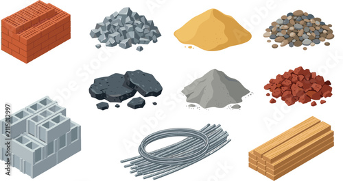 Cuadro en lienzo Construction Material Collection with Bricks Sand Gravel Cement Blocks Steel Reb