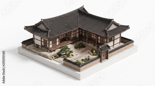 Miniature Japanese Traditional House and Garden Architectural Model with Detailed Roof and Courtyard