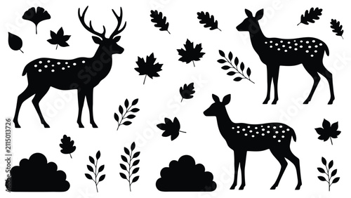 Bild auf Leinwand Deer family black silhouettes and autumn leaves vector set, forest deer family s