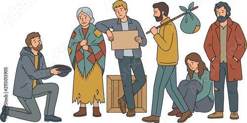Homeless People Character Collection with Poverty Awareness Social Support Vulnerable Individuals and Humanitarian Vector Illustration Set