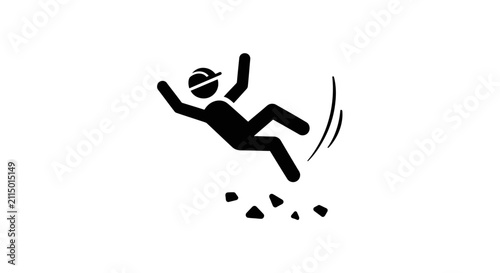 Obraz na płótnie A black pictogram of a person wearing a hard hat falling down, with small debris scattered below them, indicating a slip or fall hazard