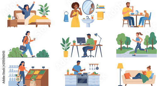 Flat vector illustration set depicting the daily routine and lifestyle of diverse people, featuring scenes of waking up, brushing teeth, eating breakfast, commuting to work, using a computer, jogging 