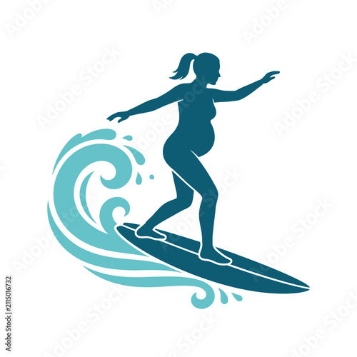 Wall Mural Pregnant woman surfing silhouette vector, expectant mother riding ocean wave on