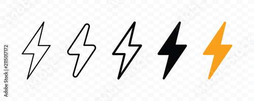 Lightning bolt icon collection with diverse line weight and fill styles lightning electricity electric iconography collection interface isolated
