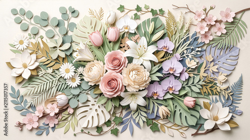 Layered paper cut floral background