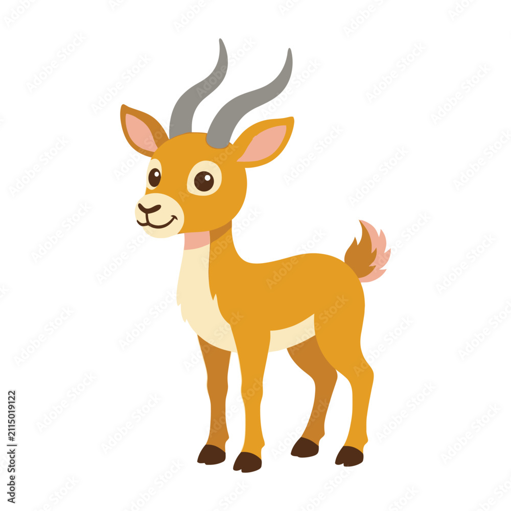 Fototapeta premium Smiling cartoon antelope with gray horns and white chest standing alone