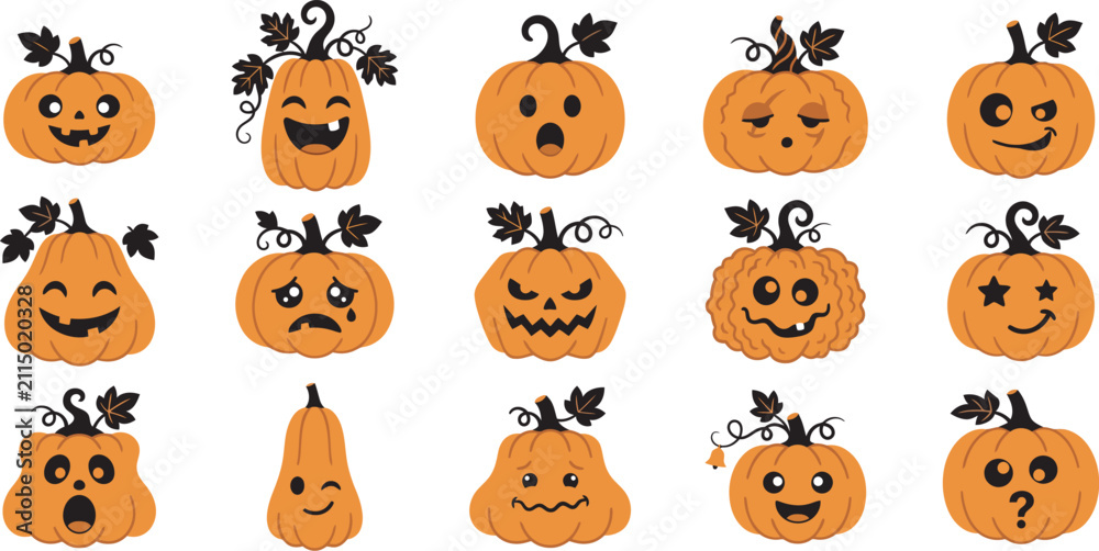 Naklejka premium A collection of fifteen cute and spooky hand drawn pumpkin illustrations featuring various funny facial expressions for autumn holiday and halloween decoration design projects