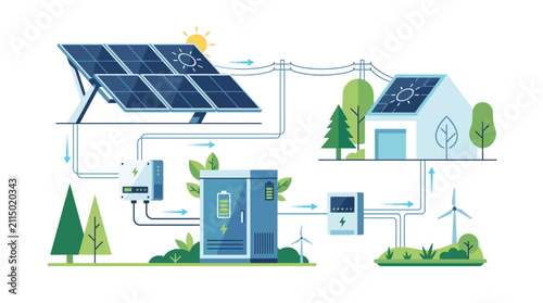 Solar panels system diagram showing sustainable electricity production for modern eco friendly houses and green energy