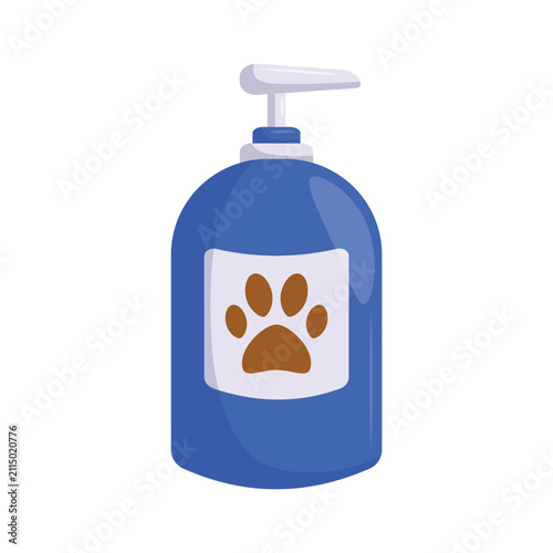 Pet shampoo bottle with paw print icon vector illustration, cat shampoo bottle vector icon, cat shampoo liquid soap dispenser bottle vector, isolated on white background