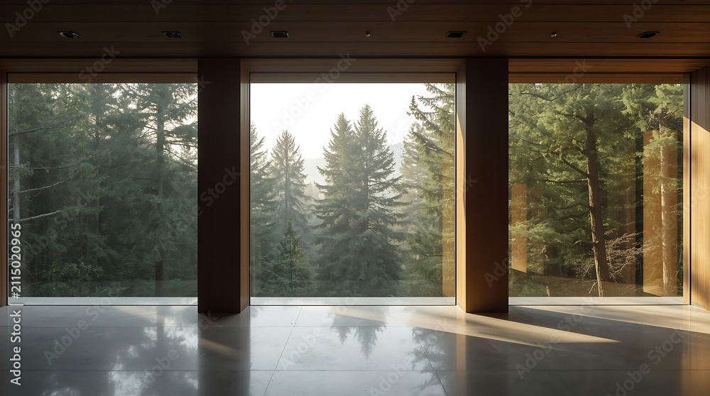 Fototapeta premium Modern Interior with Panoramic Forest View Through Large Windows.
