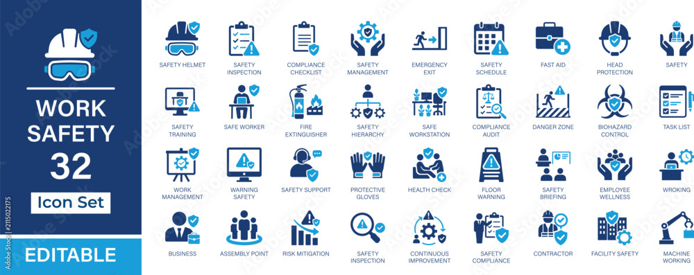 Naklejka premium Work Safety 36 editable solid icon set. Workplace safety, PPE, hazard prevention, compliance, risk assessment, emergency response and occupational health vector icons for UI, UX, web and app design.