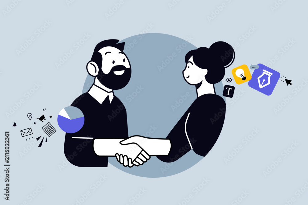 Obraz premium Creative business concept of partnership, arranging new business. Vector illustration for web banner, social media banner, business presentation, marketing material. 