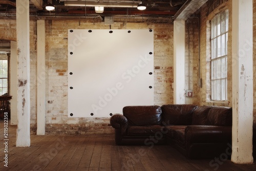 Blank mockup canvas on brick wall in atmospheric industrial loft interior